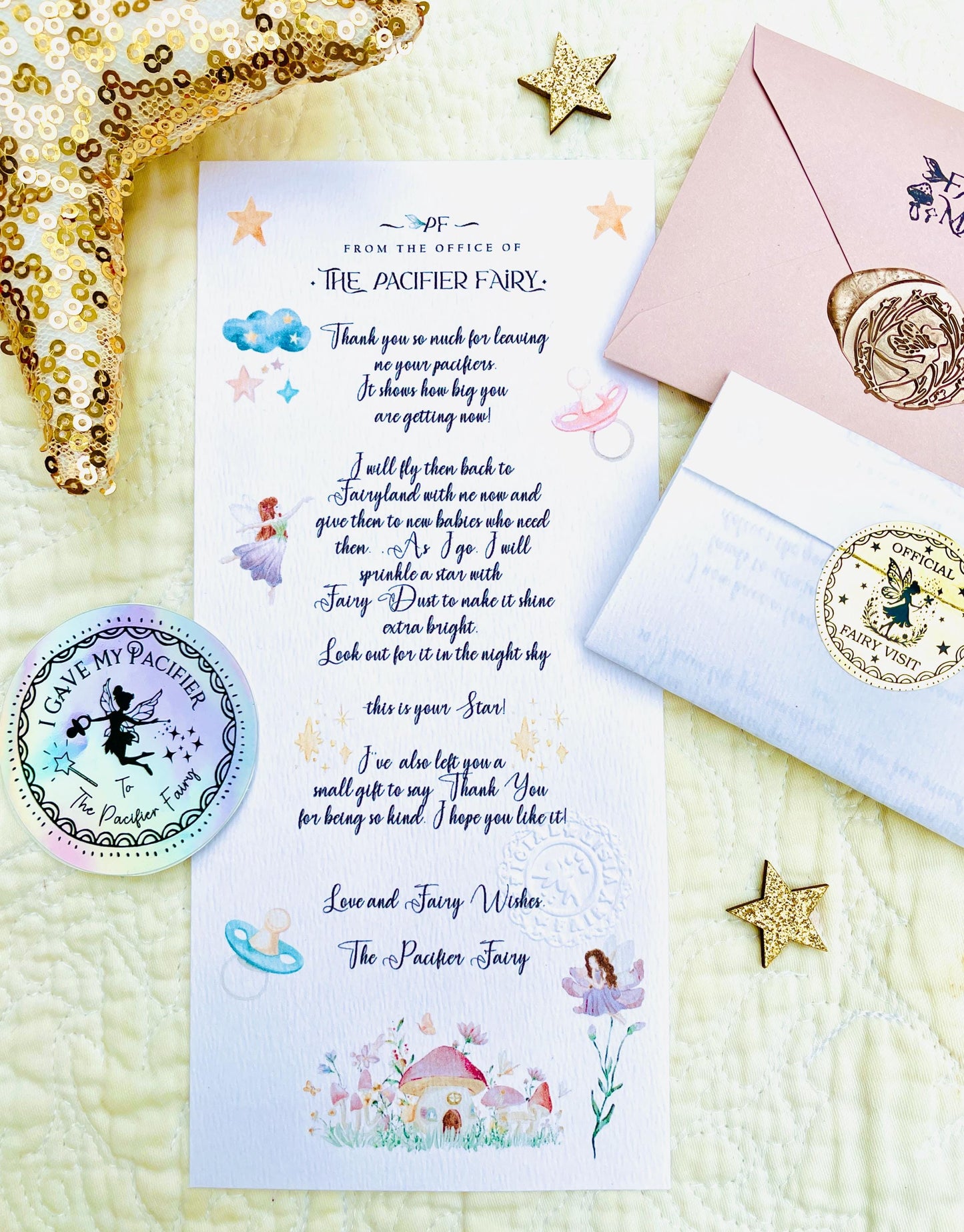 PACI Fairy MEDAL and Pacifier Fairy Letter! Paci Fairy Gift with Gold Coin and Fairy Dust (Binky Fairy Letter, Soother Fairy Letter). __etsy:7598753658