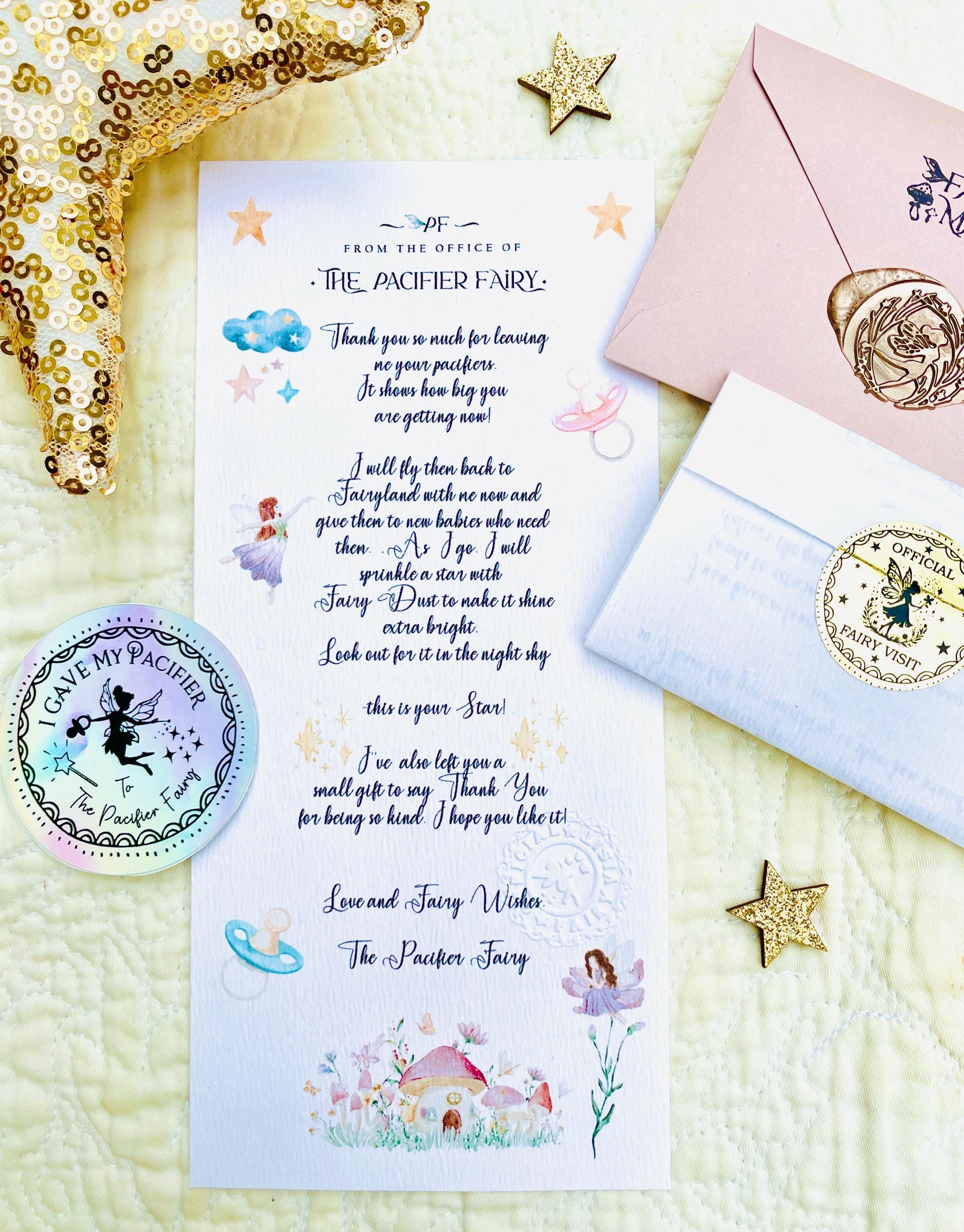 PACI Fairy MEDAL and Pacifier Fairy Letter! Paci Fairy Gift with Gold Coin and Fairy Dust (Binky Fairy Letter, Soother Fairy Letter). __etsy:7598753658