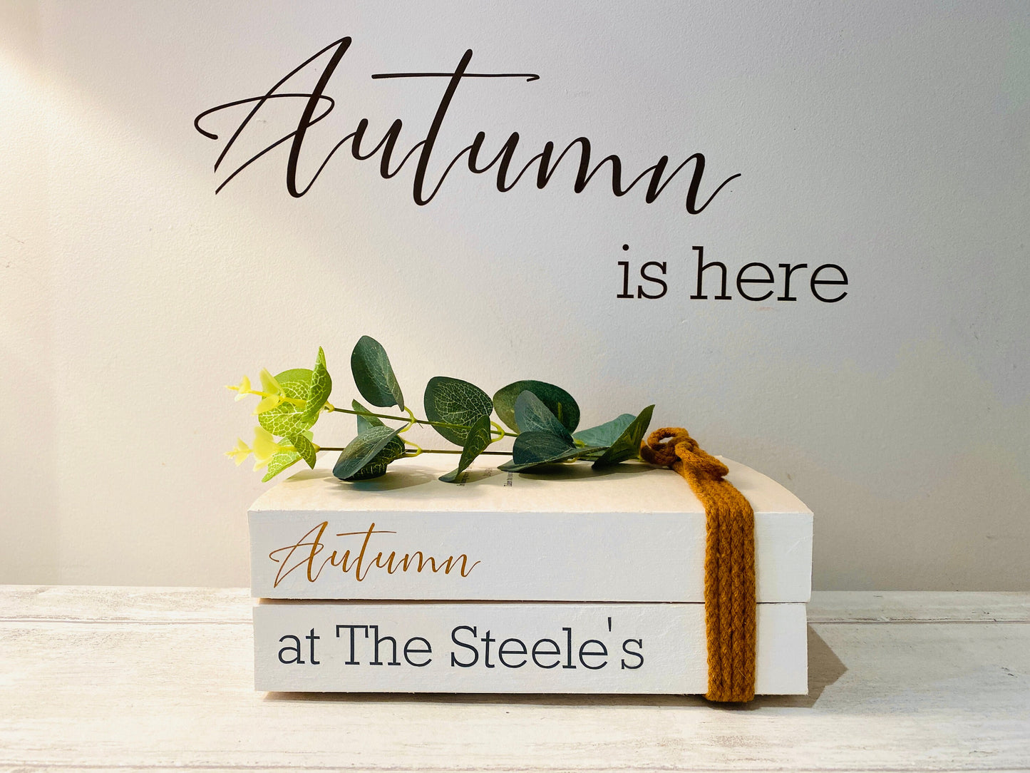 Personalised Autumn Book Stack Decor: Welcome Hallway Ornament. Fall Decor.