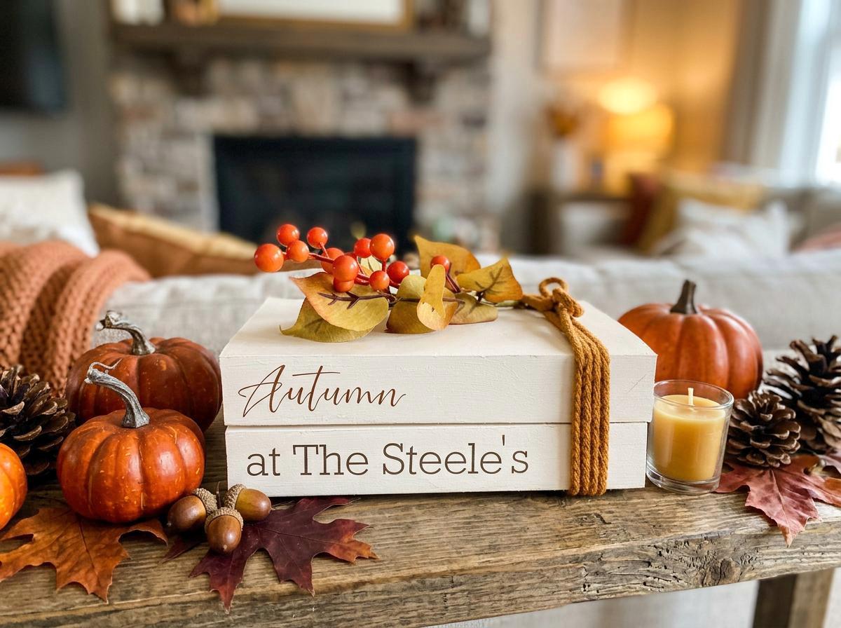 Personalised Autumn Book Stack Decor: Welcome Hallway Ornament. Fall Decor.