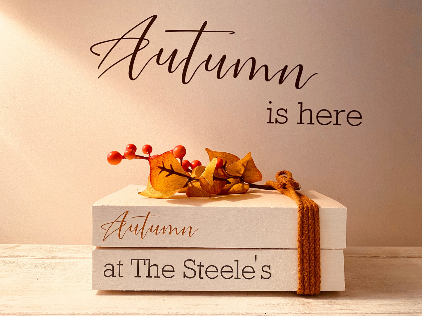 Personalised Autumn Book Stack Decor: Welcome Hallway Ornament. Fall Decor.