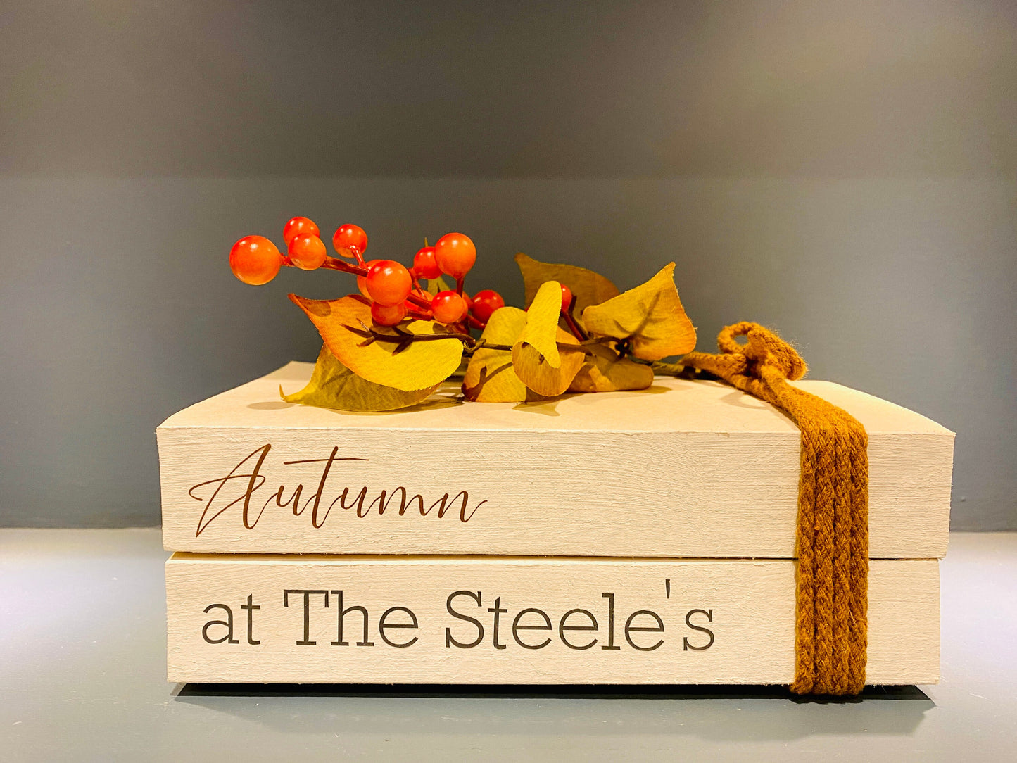Personalised Autumn Book Stack Decor: Welcome Hallway Ornament. Fall Decor.