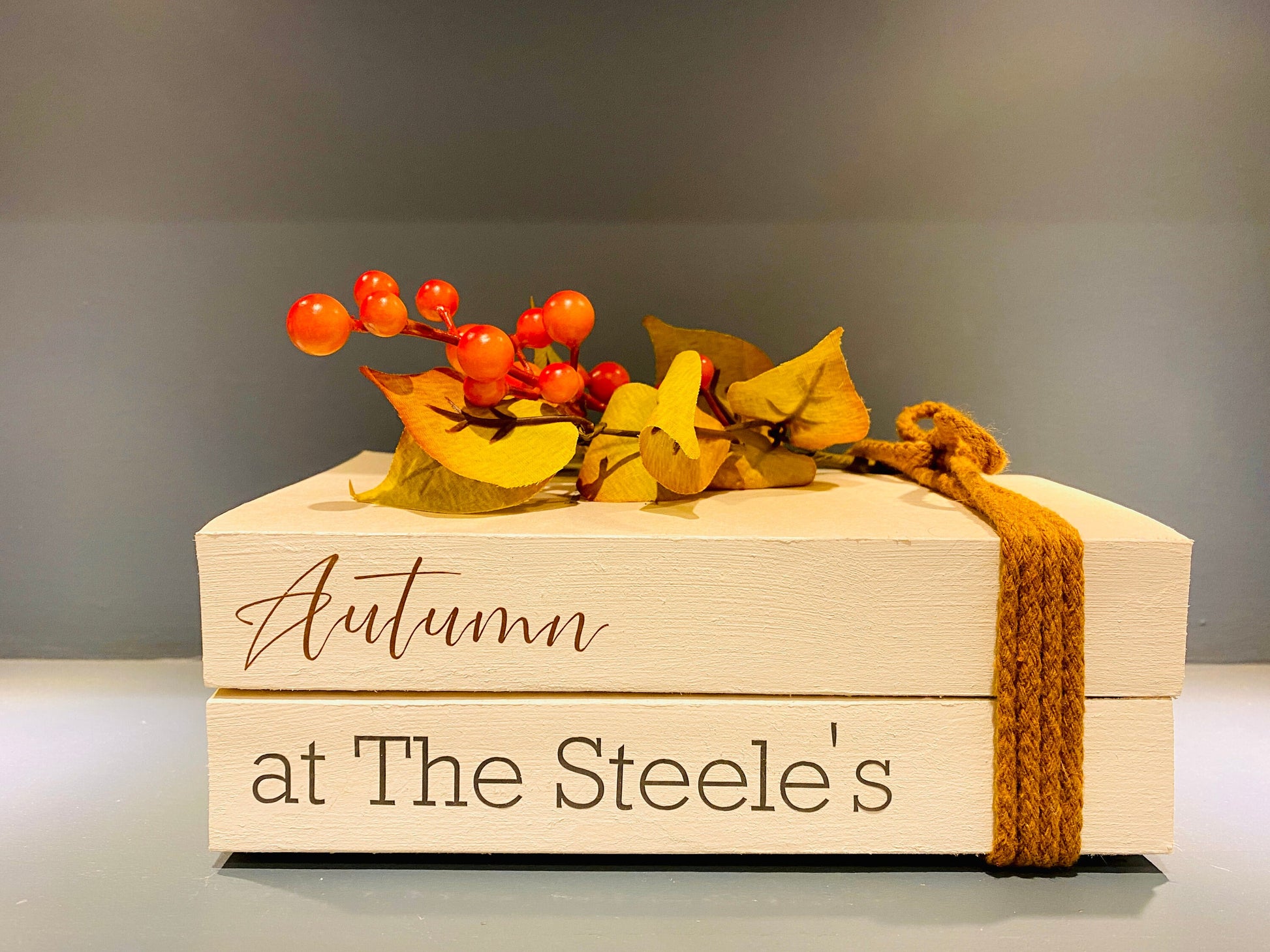 Personalised Autumn Book Stack Decor: Welcome Hallway Ornament. Fall Decor.