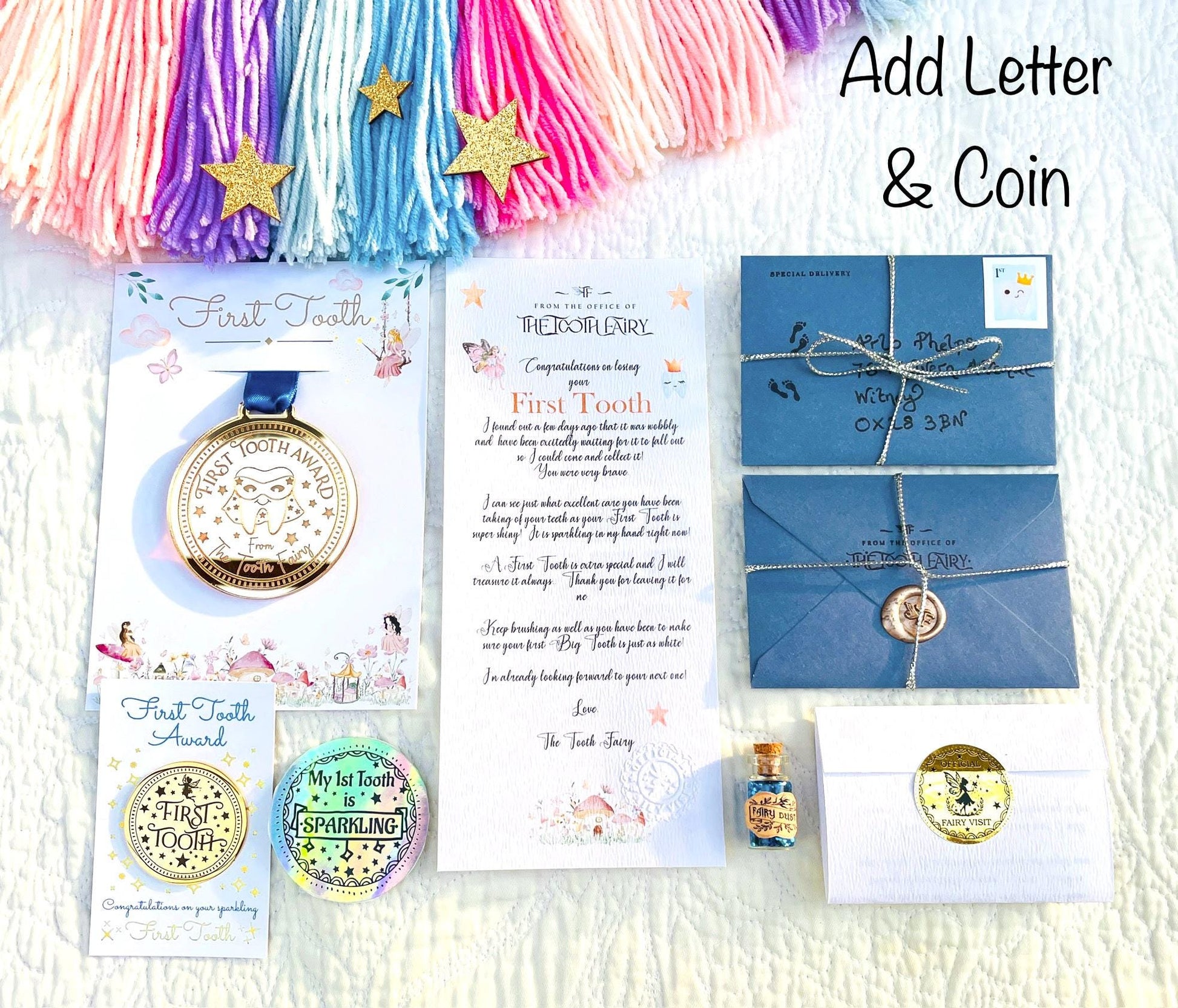 SUPERHERO FIRST Tooth Fairy Medal and Tooth Fairy Letter with Tooth Fairy Gold Coin. Boys First Tooth Fairy Kit. 1st Tooth Fairy Dust
