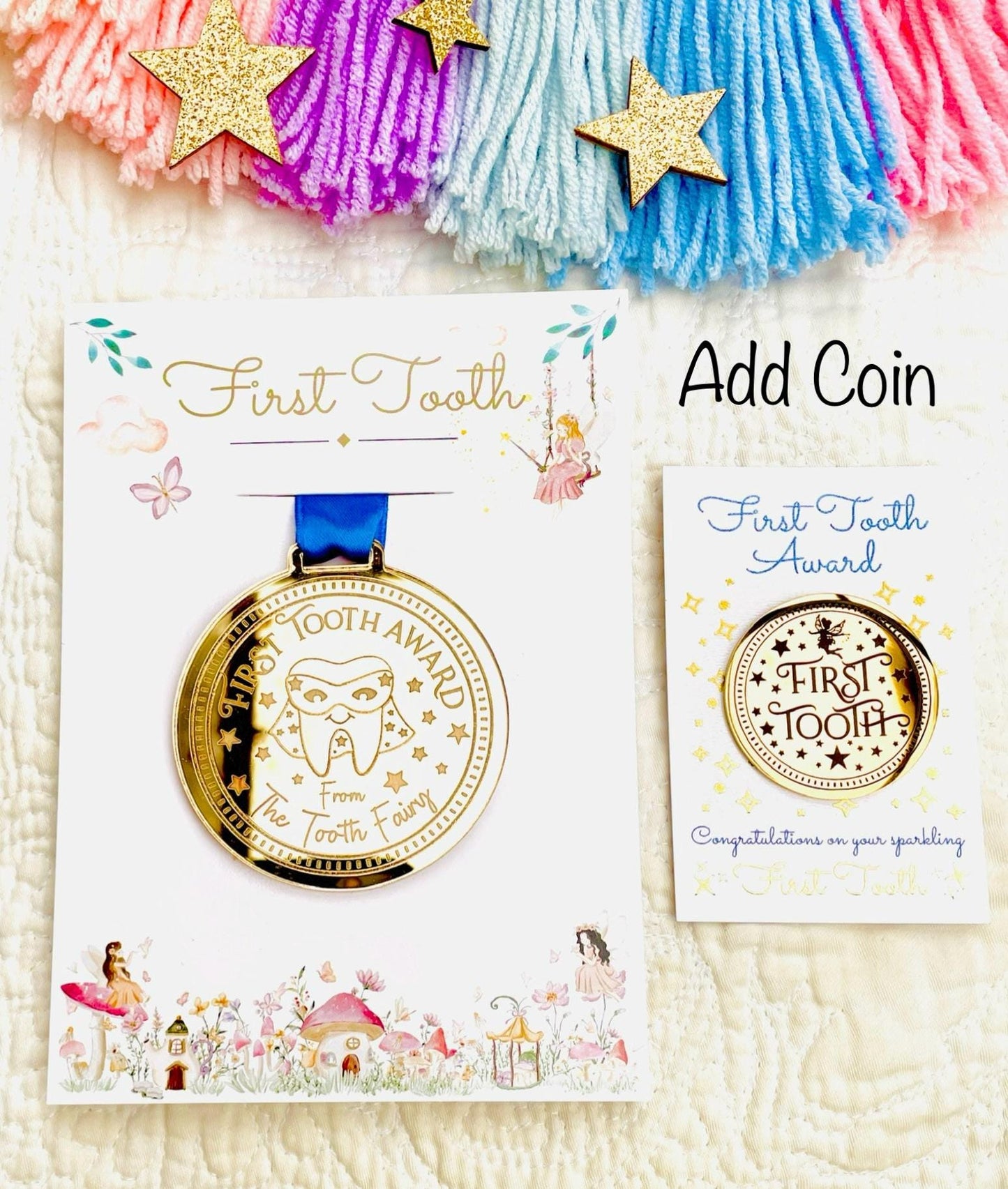 SUPERHERO FIRST Tooth Fairy Medal and Tooth Fairy Letter with Tooth Fairy Gold Coin. Boys First Tooth Fairy Kit. 1st Tooth Fairy Dust