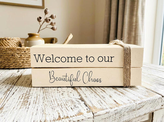 Welcome Hallway Ornament decor- book stack- Welcome Sign, hallway rustic decor- coffee table decor