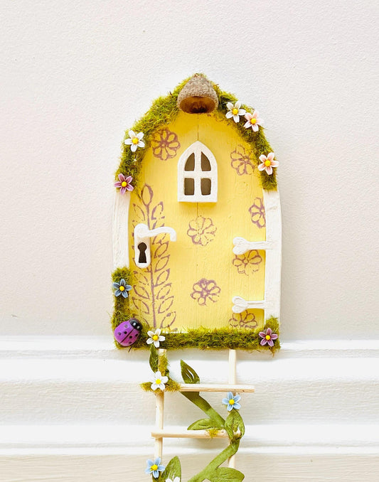 YELLOW FAIRY DOOR, Ladder, Fairy Bench & Fairy Postbox for Fairy Bedroom! Fairy Country Cottage
