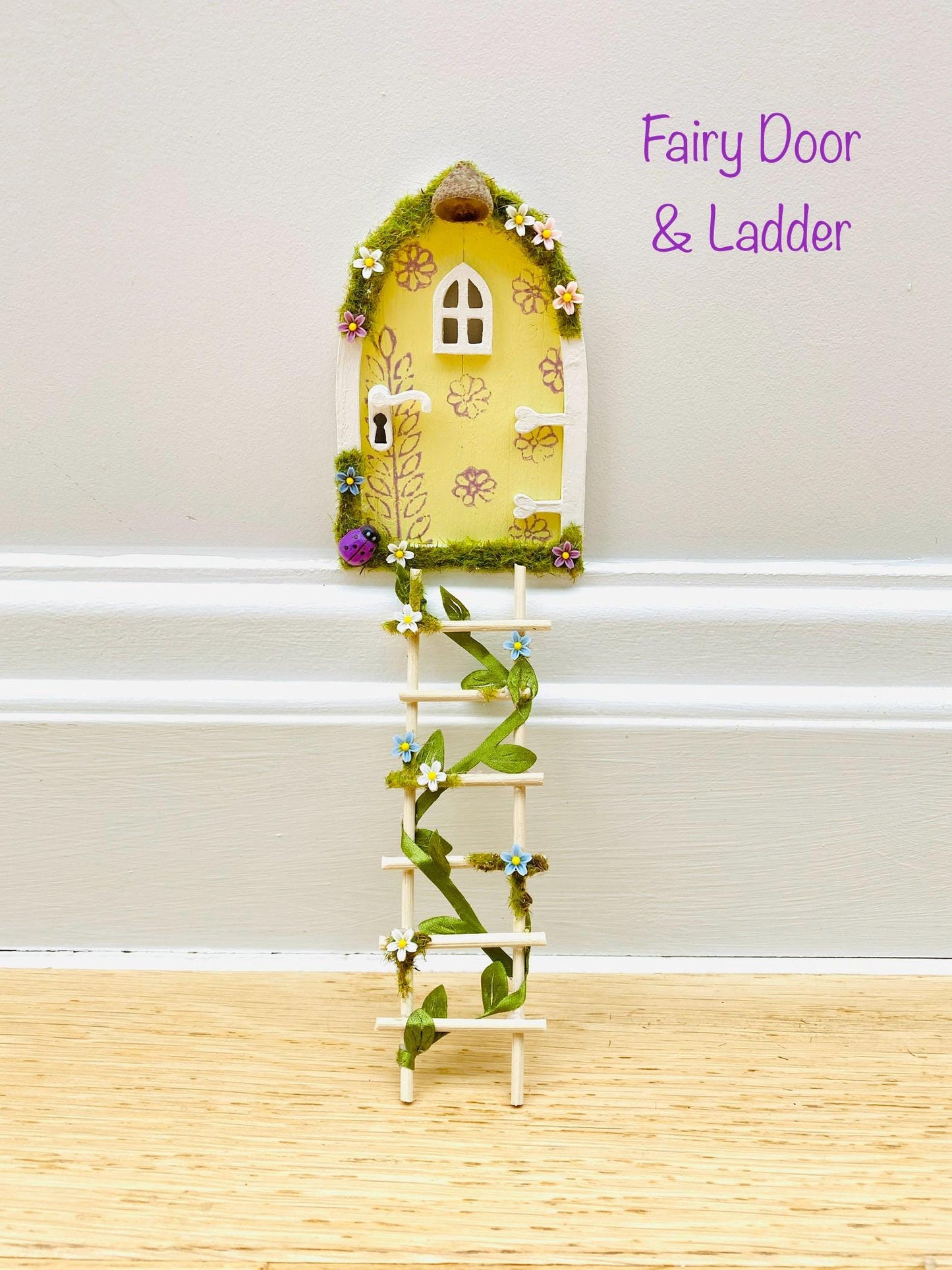 YELLOW FAIRY DOOR, Ladder, Fairy Bench & Fairy Postbox for Fairy Bedroom! Fairy Country Cottage