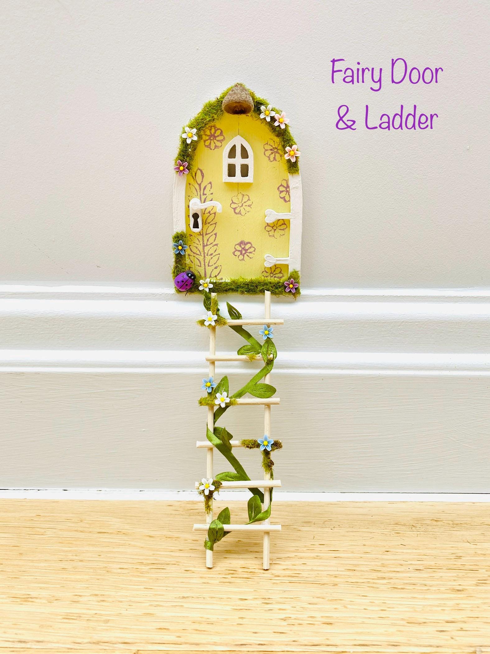 YELLOW FAIRY DOOR, Ladder, Fairy Bench & Fairy Postbox for Fairy Bedroom! Fairy Country Cottage