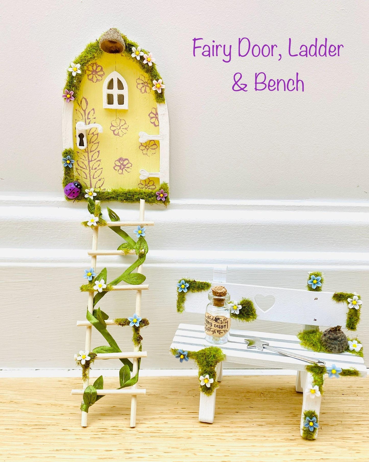 YELLOW FAIRY DOOR, Ladder, Fairy Bench & Fairy Postbox for Fairy Bedroom! Fairy Country Cottage