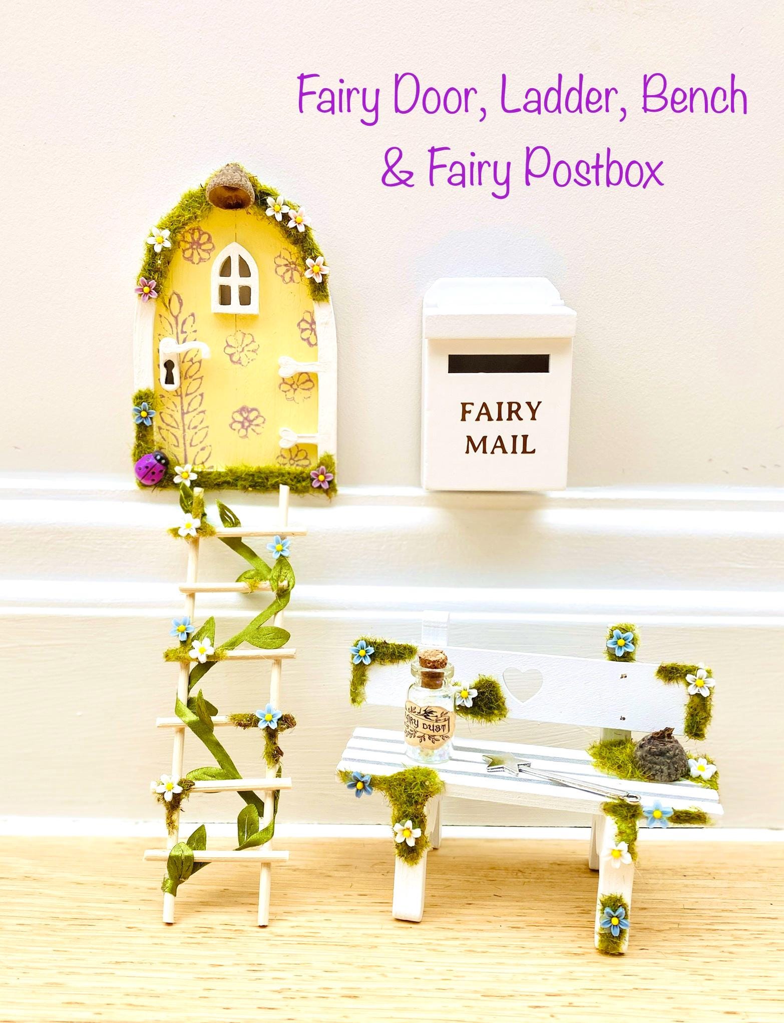 YELLOW FAIRY DOOR, Ladder, Fairy Bench & Fairy Postbox for Fairy Bedroom! Fairy Country Cottage