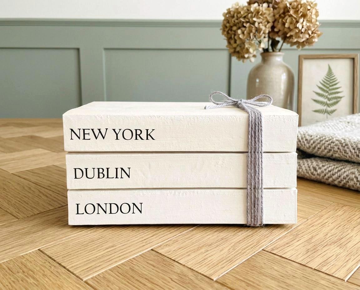 YOUR LOCATIONS customised Book Stack! White books, personalised gift. Coffee table decor, bookcase ornament, hall console table decor