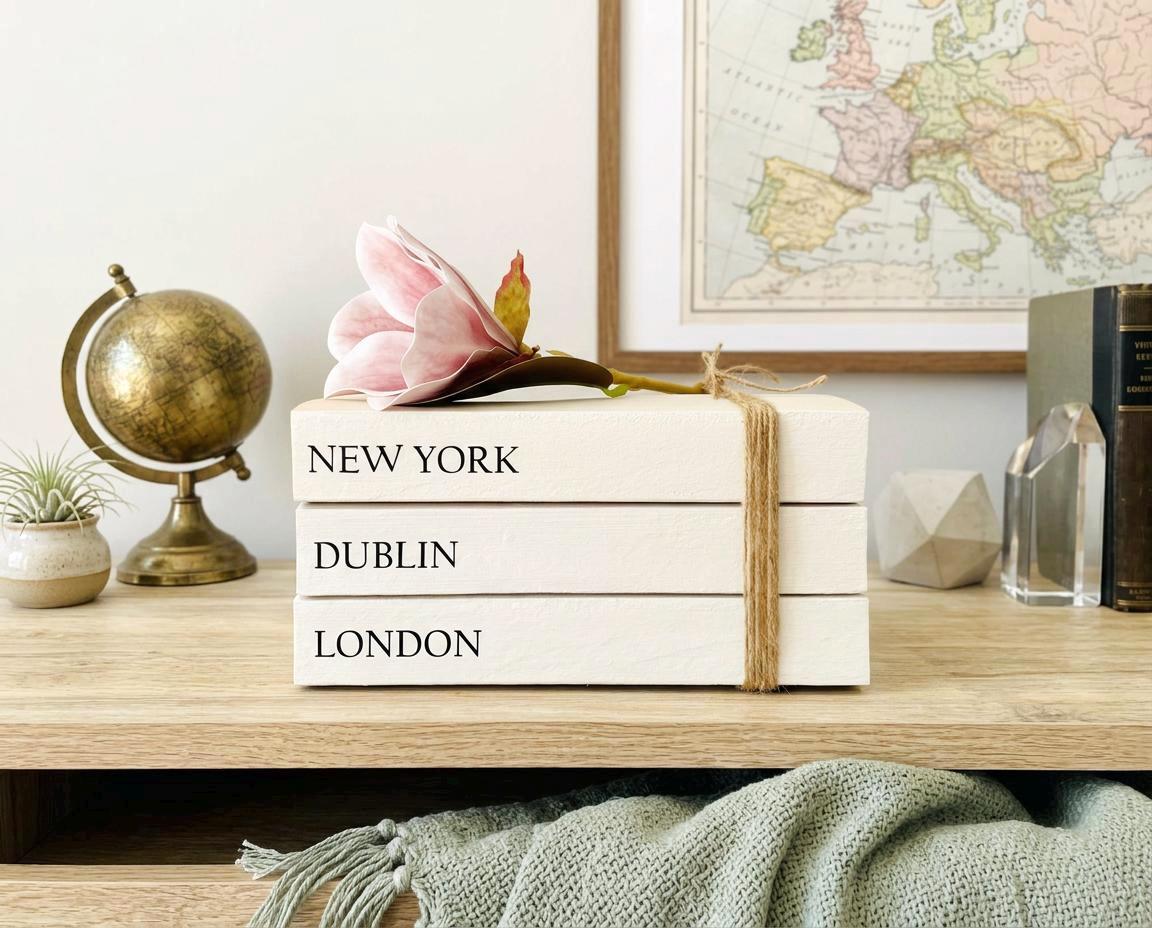 YOUR LOCATIONS customised Book Stack! White books, personalised gift. Coffee table decor, bookcase ornament, hall console table decor