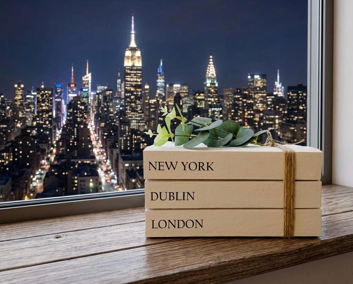 YOUR LOCATIONS customised Book Stack! White books, personalised gift. Coffee table decor, bookcase ornament, hall console table decor