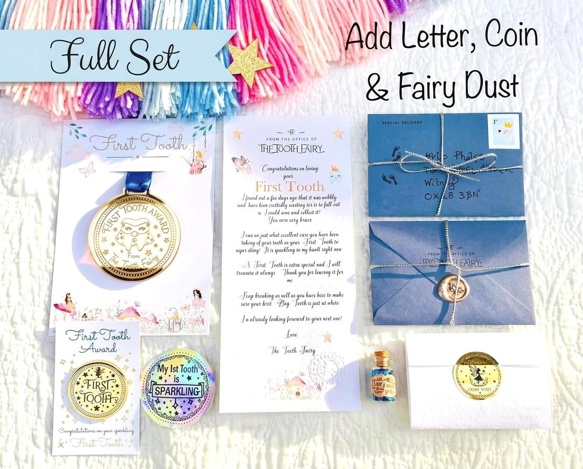 SUPERHERO FIRST Tooth Fairy Medal and Tooth Fairy Letter with Tooth Fairy Gold Coin. Boys First Tooth Fairy Kit. 1st Tooth Fairy Dust
