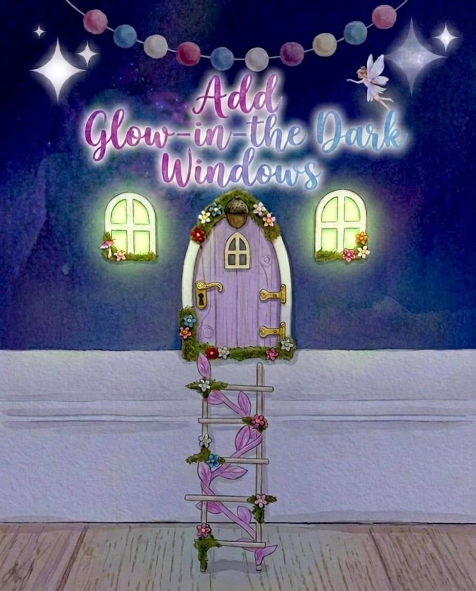 Lilac FAIRY DOOR with Glowing Windows, Fairy Bench & Fairy Postbox for Fairy Bedroom- Lilac Fairy Door