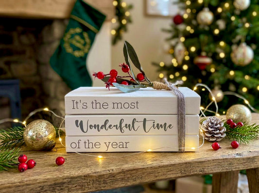 Most Wonderful Time of the Year Christmas Book Stack- Christmas Ornament- White Xmas Decor