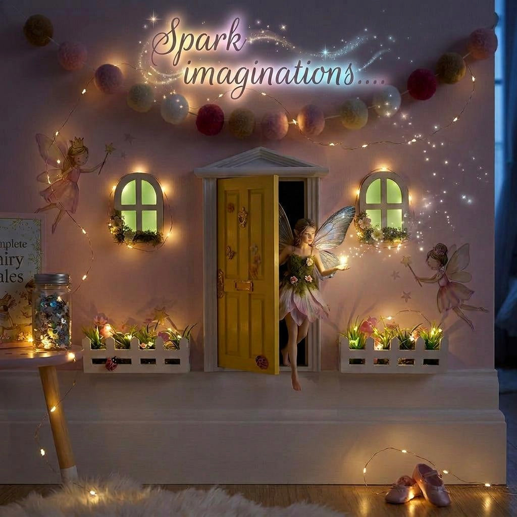 Opening Wooden Fairy Door with Glowing Windows, & Fairy Door Key – Fairy Bedroom Decor