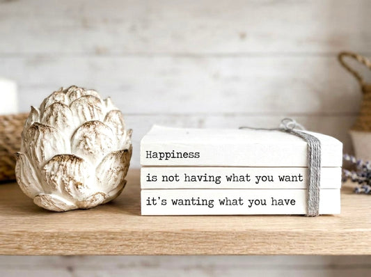 Happiness Is… Hallway Ornament, Coffee table decor- Bookcase Staging book stack- Welcome Sign, hallway rustic decor- House Warming Gift