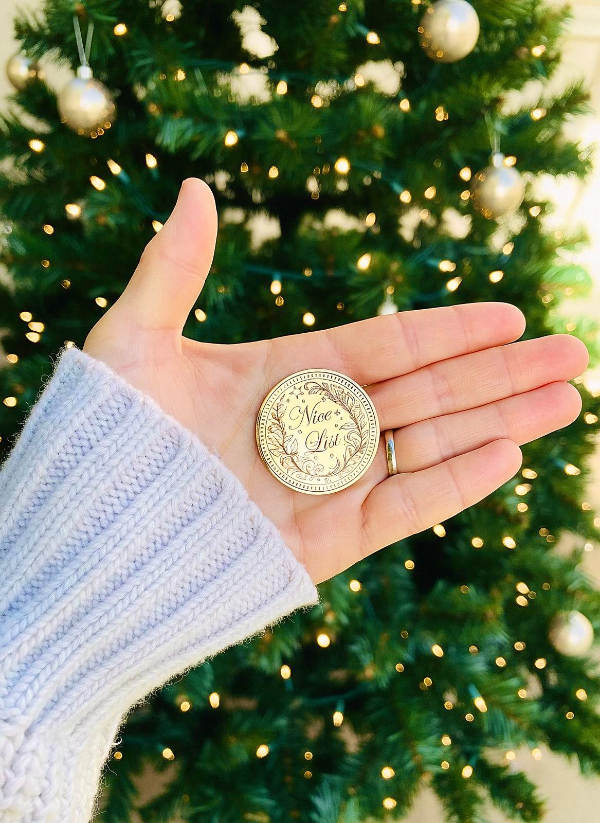 Nice List Christmas Coin with Elf Dust. True Believer Gold Coin from Santa (can be personalised)- Stocking Filler or Christmas Eve Box Filler