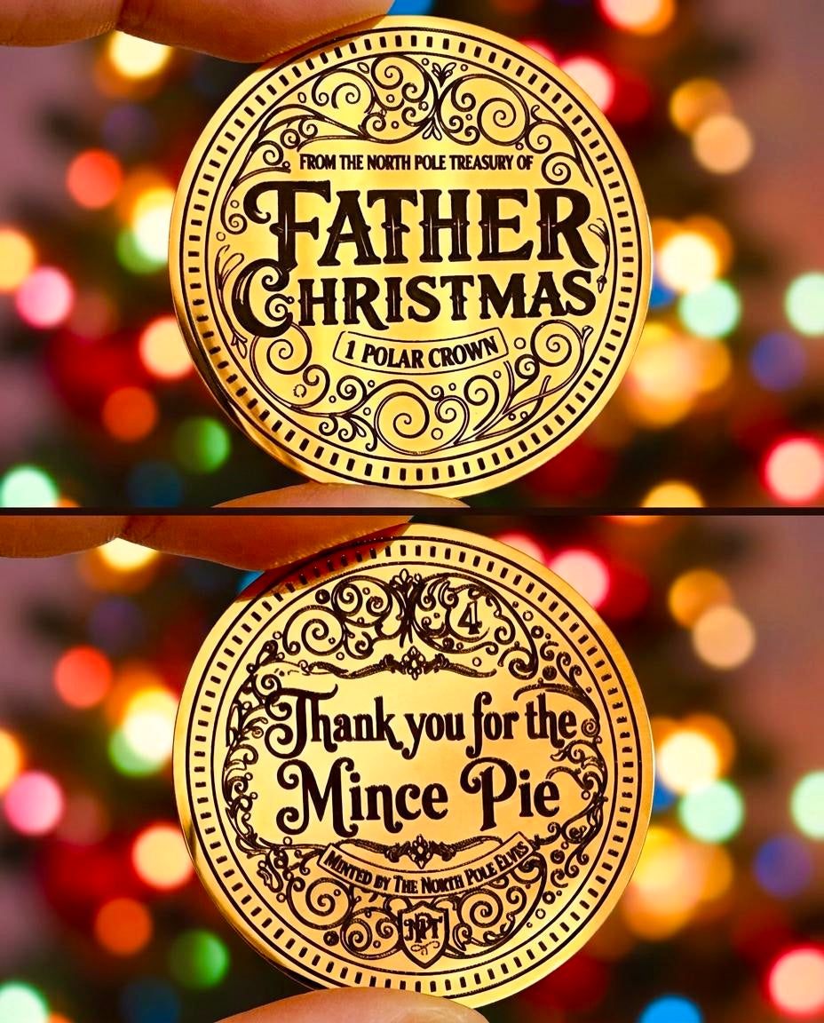 THANK YOU For The Mince Pie, Milk & Cookies Father Christmas Gold Coin! NORTH POLE TREASURY® Coin! Leave on Father Christmas’ Treat Plate