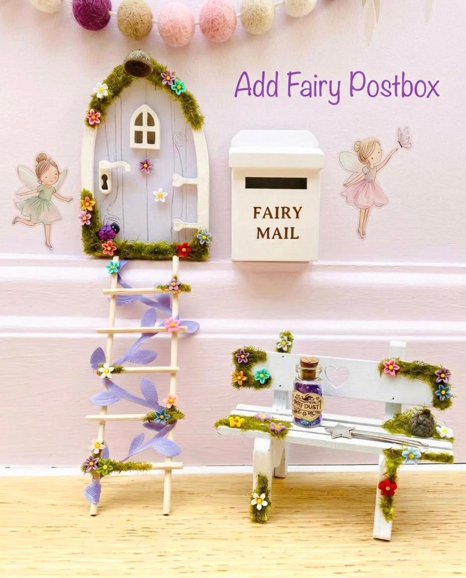 Lilac FAIRY DOOR with Glowing Windows, Fairy Bench & Fairy Postbox for Fairy Bedroom- Lilac Fairy Door