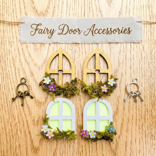 Glow-in-the-Dark Wooden Fairy Windows for Fairy Door, Fairy Bedroom – Miniature Moss Flower Decor