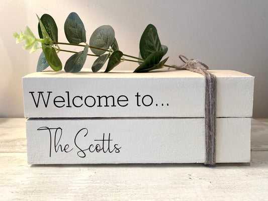 Personalised Welcome Hallway Ornament decor- Family names book stack- Welcome Sign, hallway rustic decor