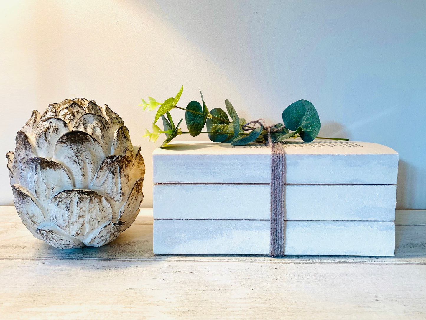 Neutral Book Stack Decor: Rustic Home Ornament with Twine