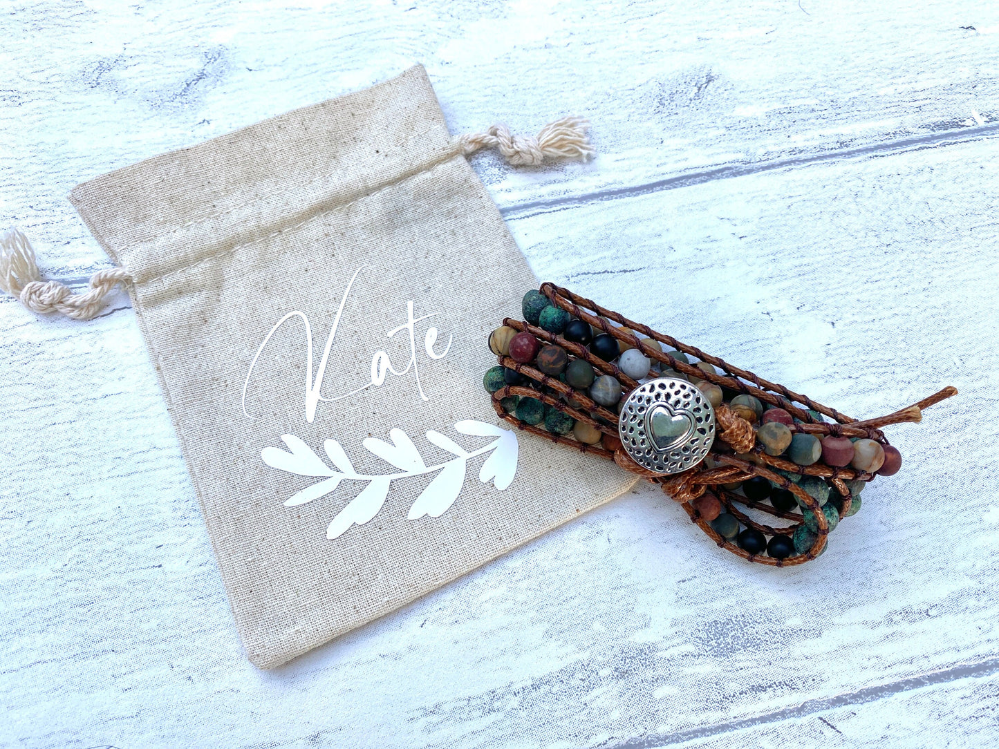 Beautiful Boho Bracelet -Beaded Leather Wrap Multi- Layered Chakra Bracelet with stones entwined with Leather. Friendship Bracelet