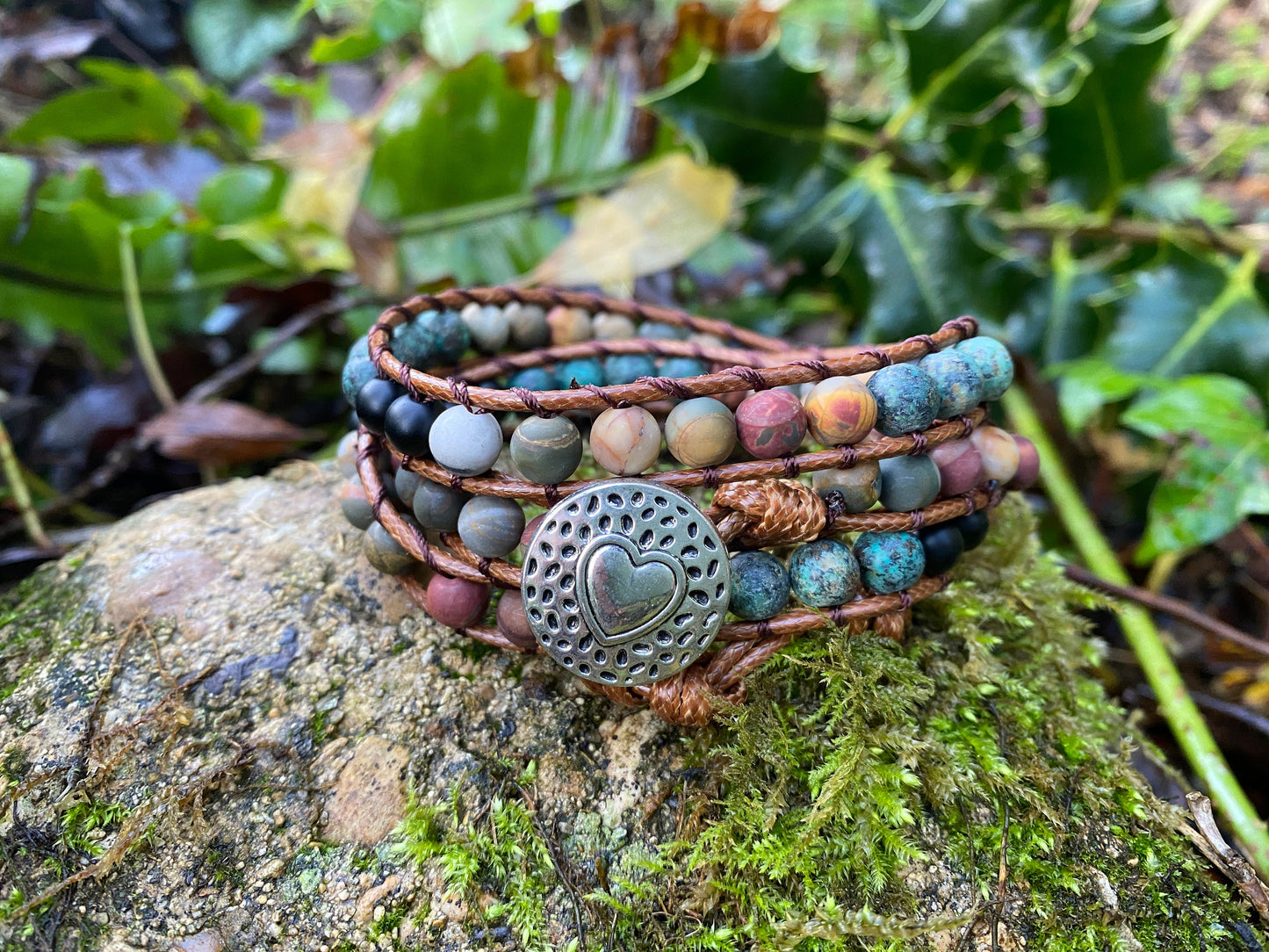 Beautiful Boho Bracelet -Beaded Leather Wrap Multi- Layered Chakra Bracelet with stones entwined with Leather. Friendship Bracelet