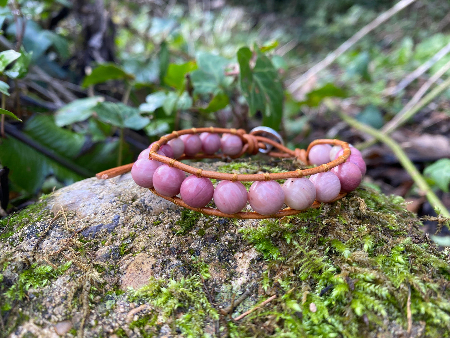 Beautiful Rhodonite Pink Boho Bracelet -Beaded Leather Chakra Bracelet - natural stone entwined with Leather. Healing with Positive Energy
