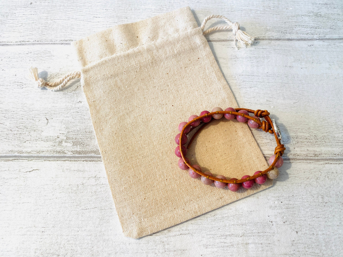 Beautiful Rhodonite Pink Boho Bracelet -Beaded Leather Chakra Bracelet - natural stone entwined with Leather. Healing with Positive Energy