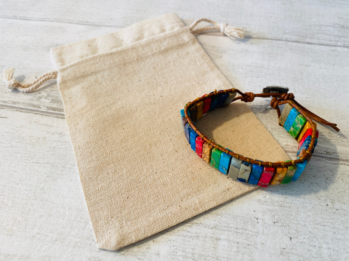 Beautiful Tube Boho Bracelet -Beaded Leather Chakra Bracelet -natural Jasper jewellery entwined with Leather. Healing with Positive Energy