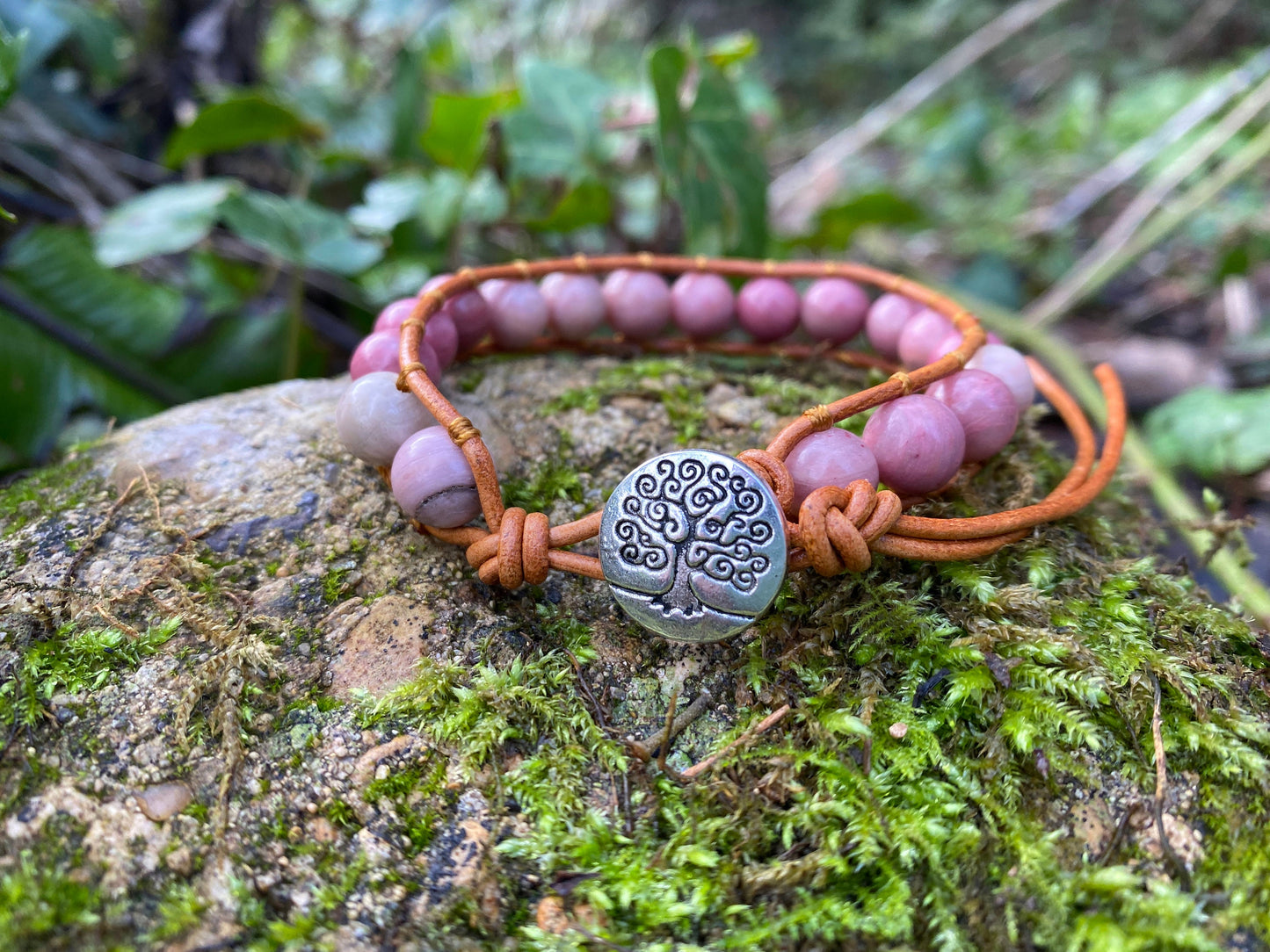 Beautiful Rhodonite Pink Boho Bracelet -Beaded Leather Chakra Bracelet - natural stone entwined with Leather. Healing with Positive Energy