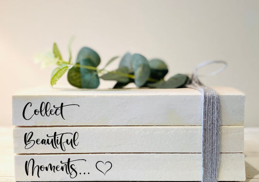 Collect Beautiful… Hallway, Coffee table decor- Bookcase Staging book stack- Welcome Sign, hallway rustic decor- House Warming Gift