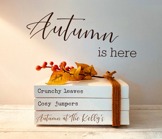 Personalised AUTUMN Hallway Ornament decor- Family names book stack- Autumn Coffee Tray Decor, Fall Bookcase Decor, hallway Autumn decor
