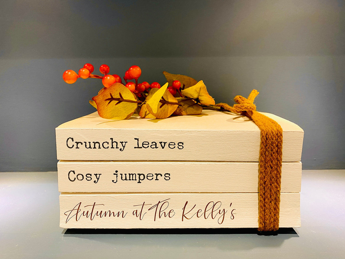 Personalised AUTUMN Hallway Ornament decor- Family names book stack- Autumn Coffee Tray Decor, Fall Bookcase Decor, hallway Autumn decor