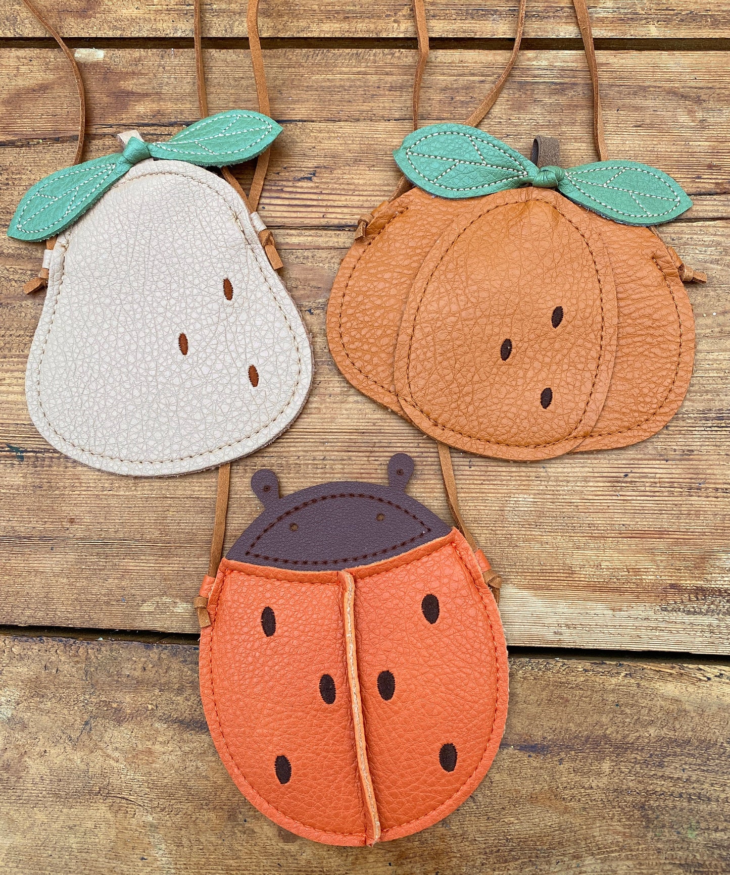 Soft Leather Children’s handbags- ladybird bag, pumpkin bag and pear bag- Kids cross body autumnal bags