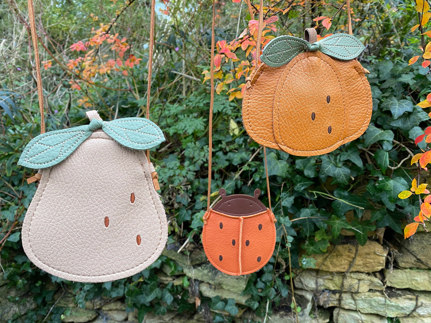 Soft Leather Children’s handbags- ladybird bag, pumpkin bag and pear bag- Kids cross body autumnal bags