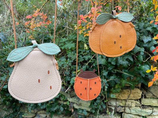 Soft Leather Children’s handbags- ladybird bag, pumpkin bag and pear bag- Kids cross body autumnal bags