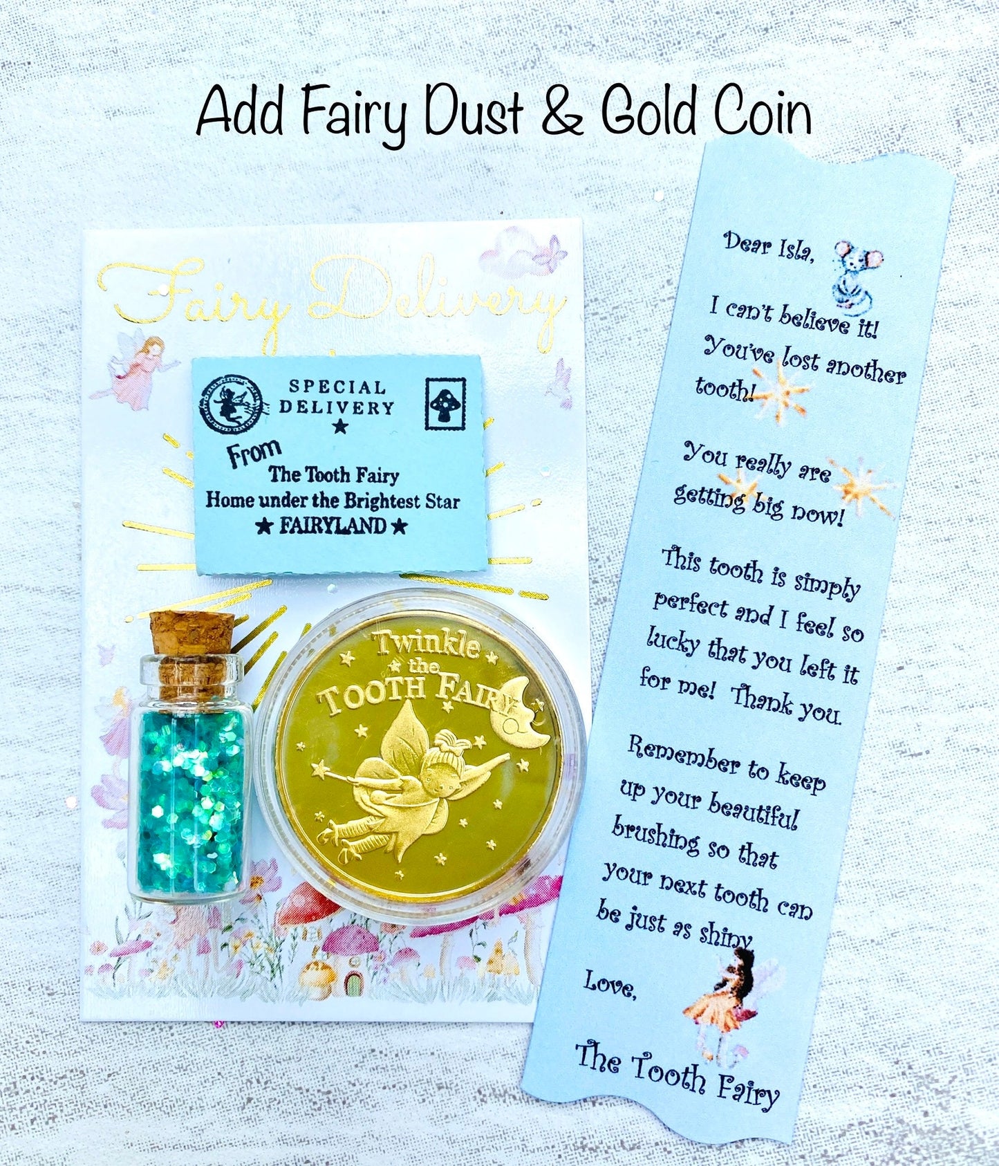 Little Tooth Fairy Letter, Fairy Dust & Gold Coin! Tooth Fairy Kit, Tooth Fairy Gifts, Tooth Fairy Tiny Letter, Little Letter! First Tooth