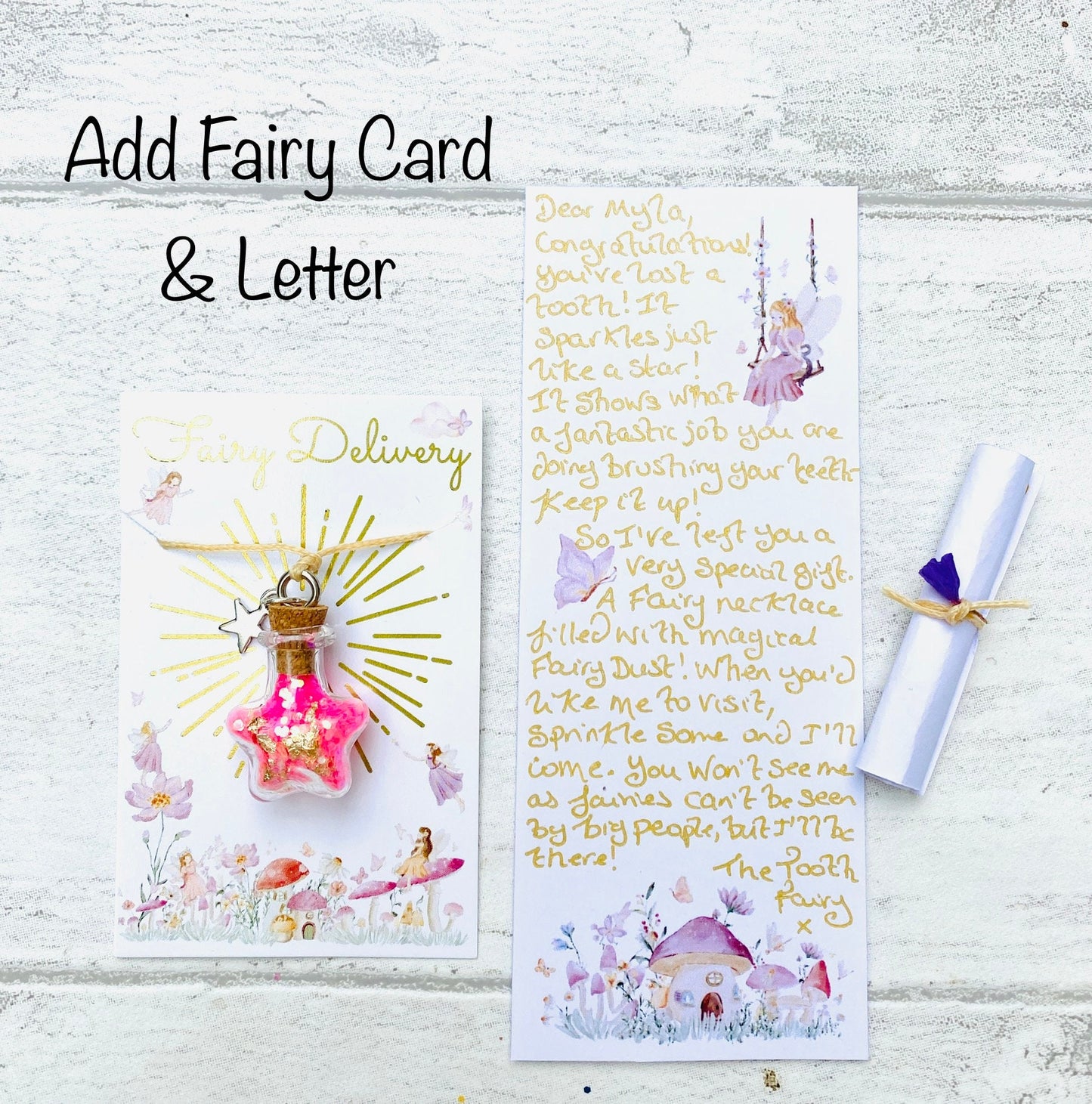 Fairy Dust Bottle Necklaces with Tooth Fairy Letter Gift. Fairy Party Bag Fillers, Fairy Dust Necklace, Fairy Party Bags, Mini Fairy Dust