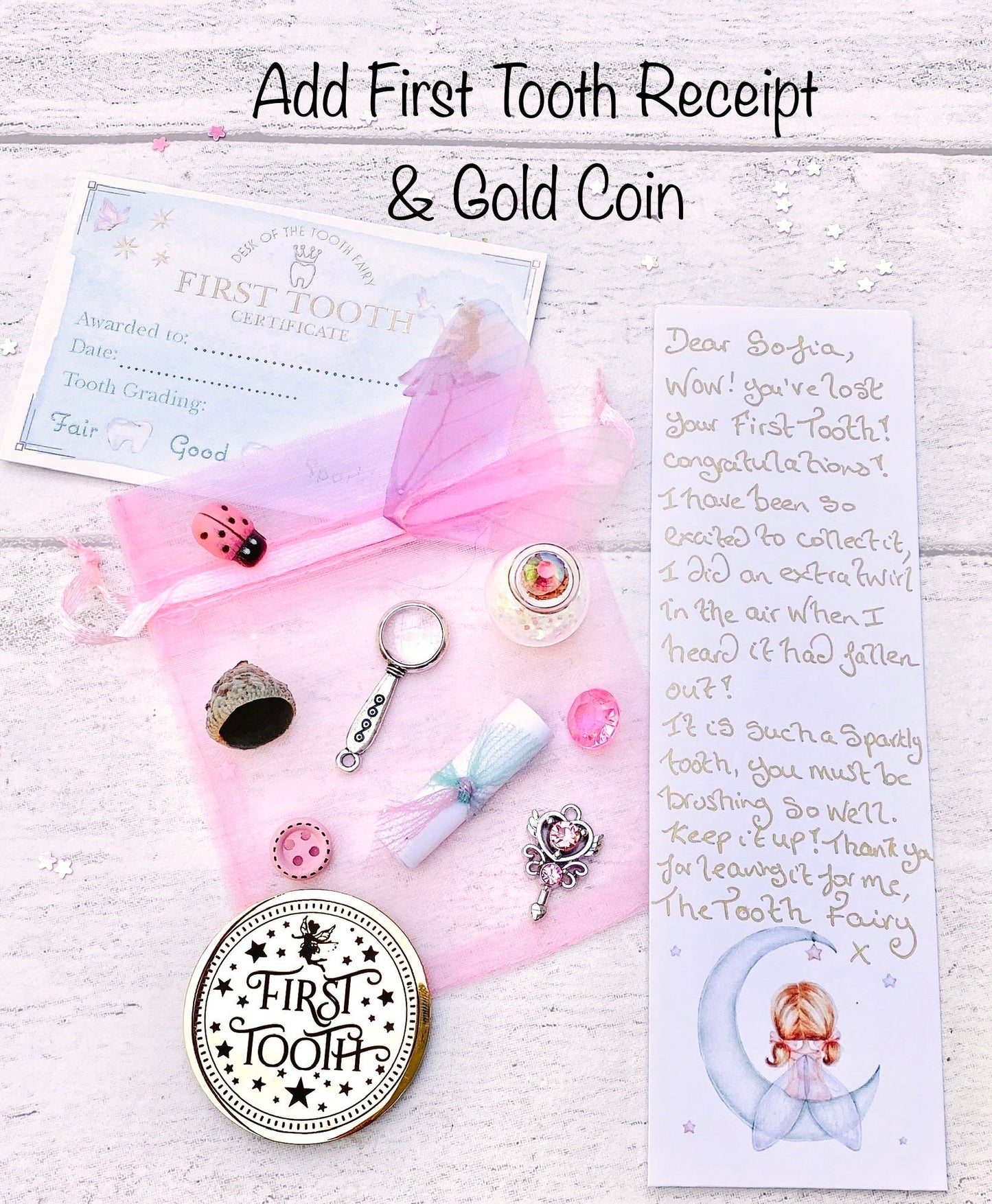 FIRST TOOTH Girl’s Tooth Fairy Gift Set- with First Tooth Coin, Tooth Fairy Letter, Fairy Dust and Fairy Gifts! Tooth Fairy Kit & Note
