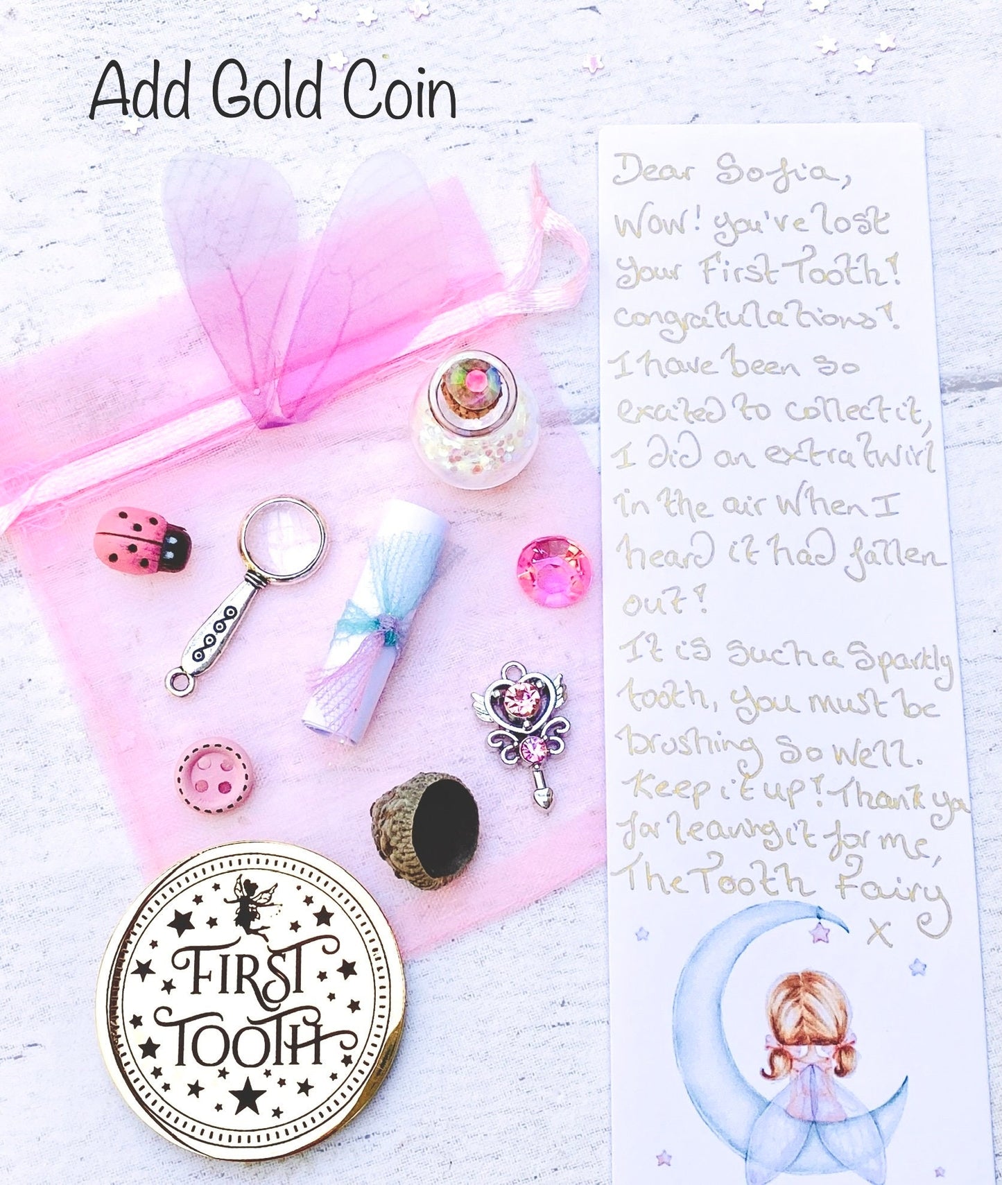 FIRST TOOTH Girl’s Tooth Fairy Gift Set- with First Tooth Coin, Tooth Fairy Letter, Fairy Dust and Fairy Gifts! Tooth Fairy Kit & Note