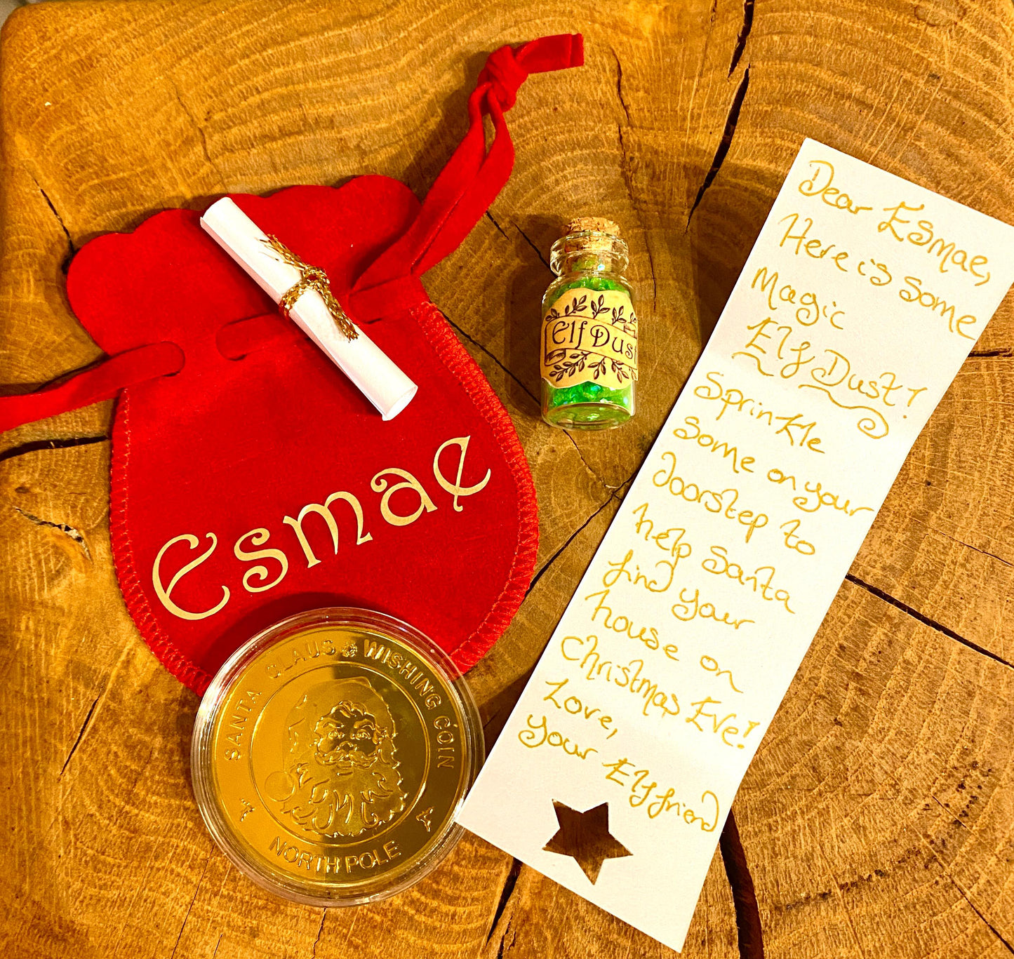 Santa Coin & Letter- perfect Father Christmas Gift (Christmas Eve Box filler- Personalised)- Nice List, Santa Golden Coin, Xmas Elf Dust