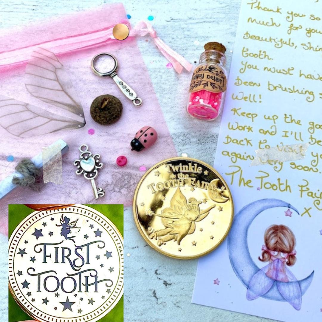 Tooth Fairy Letter with Fairy Gifts. Ideal for a First Tooth Fairy Visit. Option to add Tooth Fairy Gold Coin. Tooth Fairy Kit.