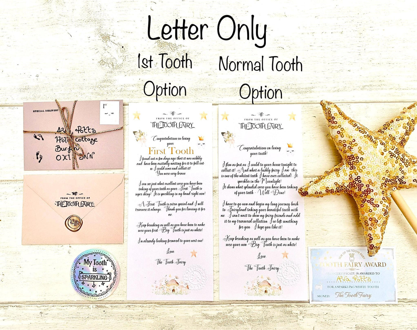 Deluxe Tooth Fairy Letter Kit: Tooth Fairy Gold Coin, Fairy Dust & Gifts. First Tooth Fairy Kit