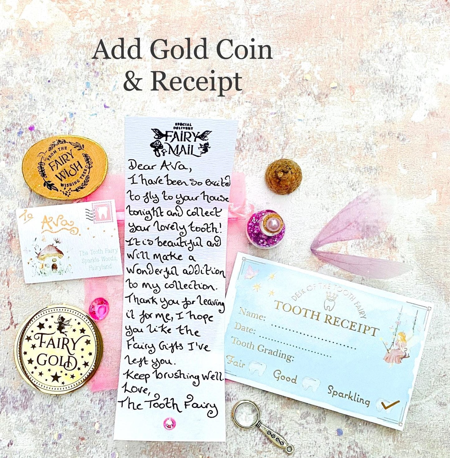 Personalized Tooth Fairy Kit: Letter, Gold Coin & Fairy Dust