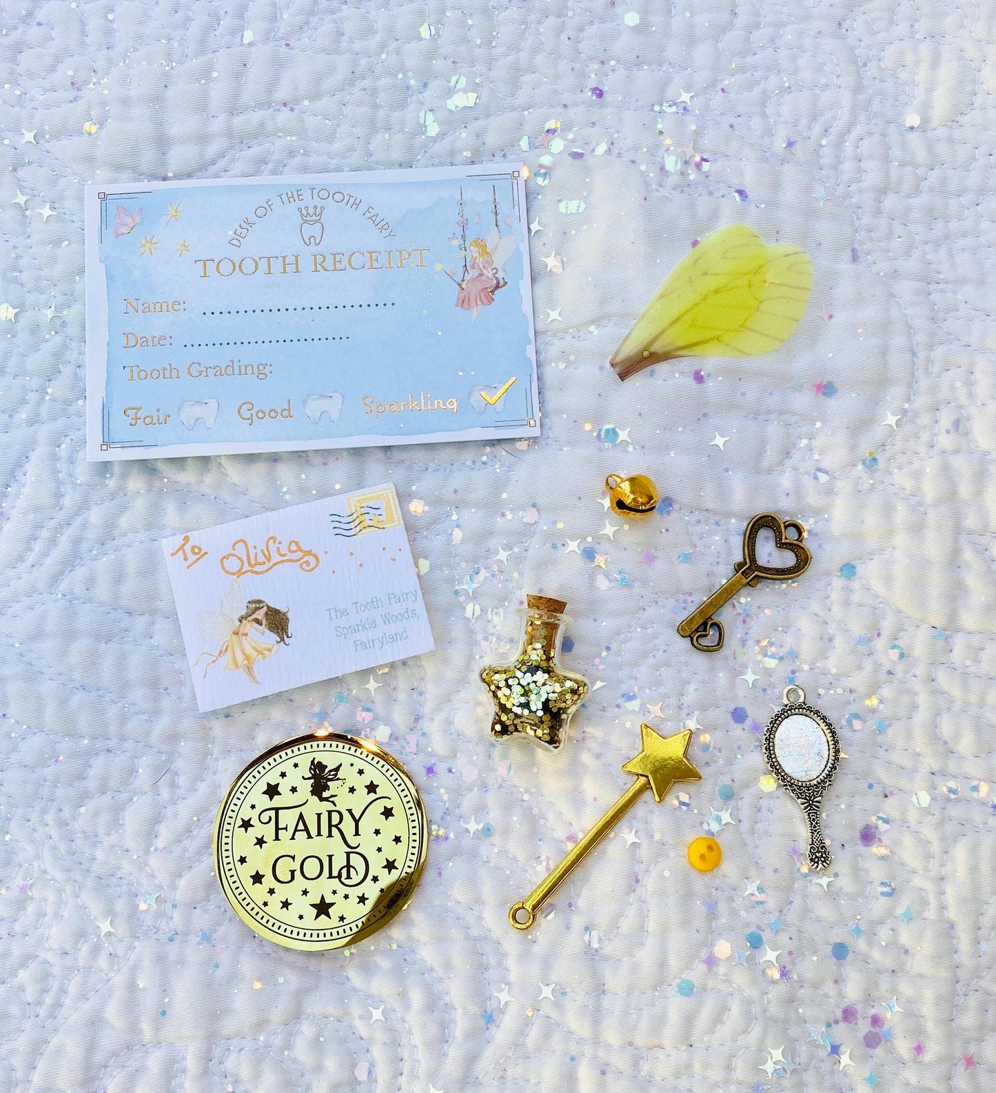 Tooth Fairy Letter, Tooth Fairy Kit with Tooth Fairy Gifts and Tooth Fairy Gold Coin & Fairy Dust! First Tooth Fairy Set for Girls and Boys